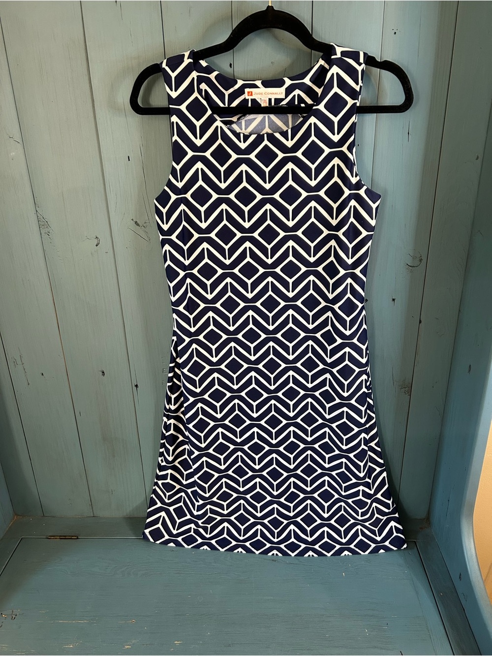 Jude Connally Navy and White Geometric Shift Sleeveless Dress | Size Small